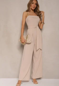 Beżowy Taliowany Kombinezon z Paskiem Desine