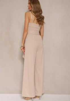 Beżowy Taliowany Kombinezon z Paskiem Desine