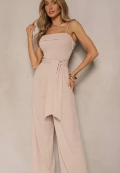 Beżowy Taliowany Kombinezon z Paskiem Desine