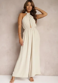 Beżowy Taliowany Kombinezon ze Ściągaczem w Talii i Wiązaniem przy Szyi Rivasiris