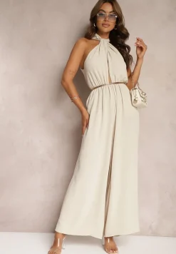 Beżowy Taliowany Kombinezon ze Ściągaczem w Talii i Wiązaniem przy Szyi Rivasiris