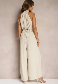 Beżowy Taliowany Kombinezon ze Ściągaczem w Talii i Wiązaniem przy Szyi Rivasiris