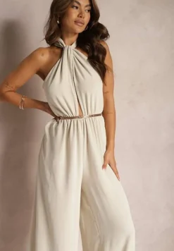 Beżowy Taliowany Kombinezon ze Ściągaczem w Talii i Wiązaniem przy Szyi Rivasiris