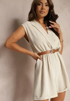 Beżowy Taliowany Kombinezon z Gumką w Pasie i Kopertowym Dekoltem Nansilyne