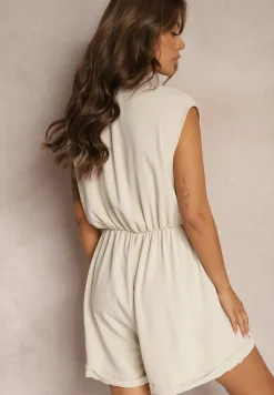 Beżowy Taliowany Kombinezon z Gumką w Pasie i Kopertowym Dekoltem Nansilyne