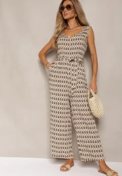 Beżowy Taliowany Kombinezon z Wiskozy na Ramiączkach Wiązany w Talii Seadia