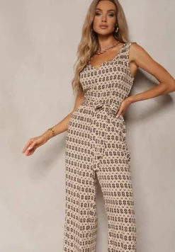 Beżowy Taliowany Kombinezon z Wiskozy na Ramiączkach Wiązany w Talii Seadia