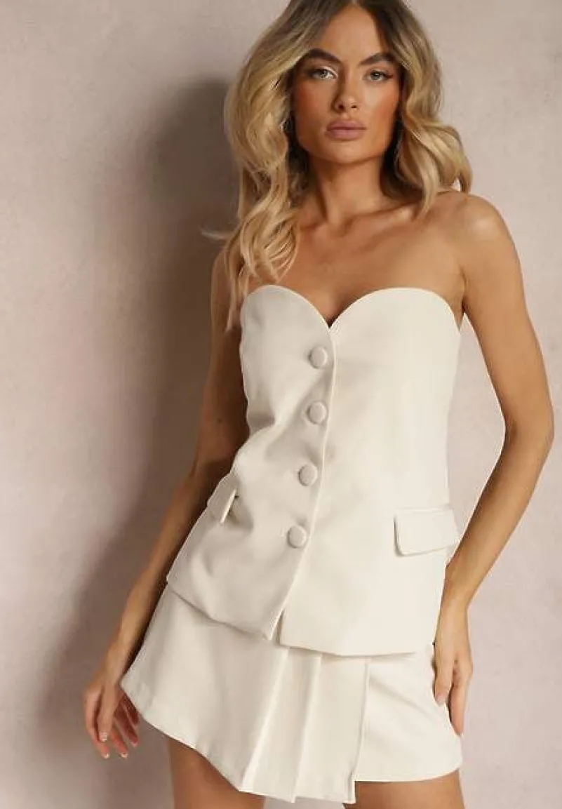 Beżowy Top Bluzka Typu Gorset Wykończona Klapami przy Kieszeniach i Guzikami Ornovia