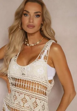 Beżowy Top Narzutka z Bawełny z Ażurowym Wzorem Dimzira