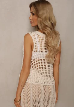 Beżowy Top z Ażurowej Dzianiny Naloeli