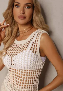 Beżowy Top z Ażurowej Dzianiny Naloeli