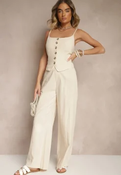 Beżowy Top Zapinany na Guziki z Bawełną na Cienkich Ramiączkach Divilna