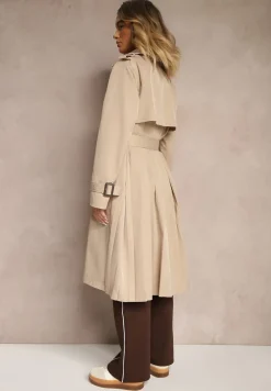 Beżowy Trencz Płaszcz z Plisami na Tyle Paskiem w Talii i Dwurzędowym Zapięciem Sigin