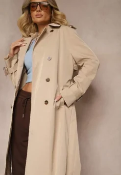 Beżowy Trencz Płaszcz z Plisami na Tyle Paskiem w Talii i Dwurzędowym Zapięciem Sigin