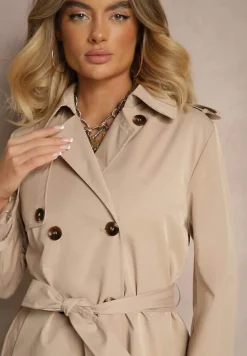 Beżowy Trencz Płaszcz z Plisami na Tyle Paskiem w Talii i Dwurzędowym Zapięciem Sigin