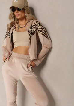 Beżowy Welurowy Komplet Dresowy 2-Częściowy z Animal Print Bluza i Spodnie Atisilva