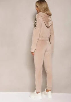 Beżowy Welurowy Komplet Dresowy Ozdobiony Lampasami w Cętki Anilwo