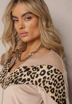 Beżowy Welurowy Komplet Dresowy Ozdobiony Lampasami w Cętki Anilwo