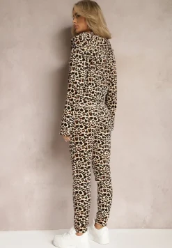 Beżowy Welurowy Komplet Dresowy w Panterkowy Wzór Arvile
