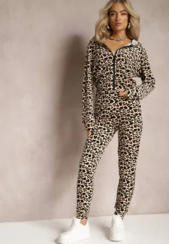 Beżowy Welurowy Komplet Dresowy w Panterkowy Wzór Arvile