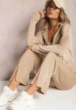 Beżowy Welurowy Komplet Dresowy z Bluzą i Spodniami Lunamea