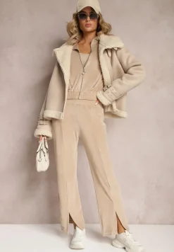 Beżowy Welurowy Komplet Dresowy z Bluzą i Spodniami Lunamea
