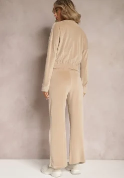Beżowy Welurowy Komplet Dresowy z Bluzą i Spodniami Lunamea