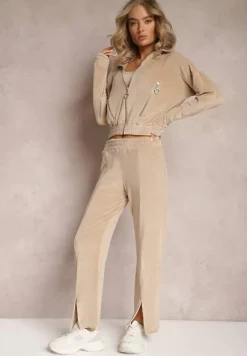 Beżowy Welurowy Komplet Dresowy z Bluzą i Spodniami Lunamea