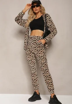 Beżowy Welurowy Komplet Dresowy 2-Częściowy Bluza z Kapturem i Spodnie Dopasowane z Kieszeniami Kardasa