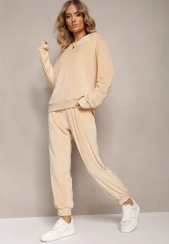Beżowy Welurowy Komplet Dresowy z Bluzą i Spodniami Joggerami Mafira