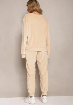 Beżowy Welurowy Komplet Dresowy z Bluzą i Spodniami Joggerami Mafira