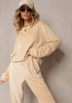 Beżowy Welurowy Komplet Dresowy z Bluzą i Spodniami Joggerami Mafira