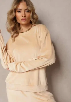 Beżowy Welurowy Komplet Dresowy z Bluzą i Spodniami Joggerami Mafira