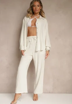 Beżowy Wiskozowo-Lniany Komplet z Koszulą i Luźnymi Spodniami Hanorwen
