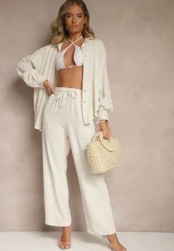 Beżowy Wiskozowo-Lniany Komplet z Koszulą i Luźnymi Spodniami Hanorwen