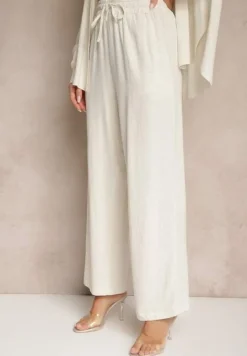 Beżowy Wiskozowo-Lniany Komplet z Koszulą i Luźnymi Spodniami Hanorwen