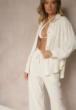 Beżowy Wiskozowo-Lniany Komplet z Koszulą i Luźnymi Spodniami Hanorwen