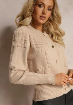 Beżowy Wiskozowy Kardigan ze Ściągaczami Zapinany na Guziki Genadia