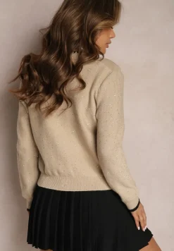 Beżowy Wiskozowy Kardigan Zdobiony Cekinami i Naszywką Scritta