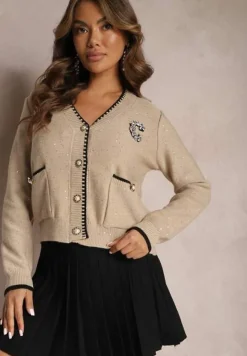 Beżowy Wiskozowy Kardigan Zdobiony Cekinami i Naszywką Scritta