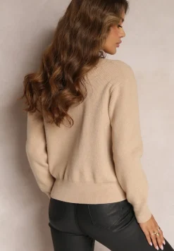 Beżowy Wiskozowy Kardigan z Łańcuszkami i Perłami Molito