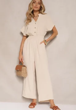 Beżowy Wiskozowy Kombinezon z Dekoltem w Serek Zapinany na Guziki Anisora