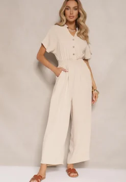 Beżowy Wiskozowy Kombinezon z Dekoltem w Serek Zapinany na Guziki Anisora