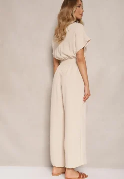 Beżowy Wiskozowy Kombinezon z Dekoltem w Serek Zapinany na Guziki Anisora