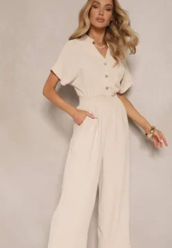 Beżowy Wiskozowy Kombinezon z Dekoltem w Serek Zapinany na Guziki Anisora