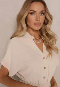 Beżowy Wiskozowy Kombinezon z Dekoltem w Serek Zapinany na Guziki Anisora