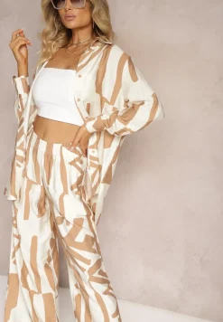 Beżowy Wiskozowy Komplet 2-Częściowy Luźna Koszula Spodnie z Gumką i Szerokimi Nogawkami Melvima