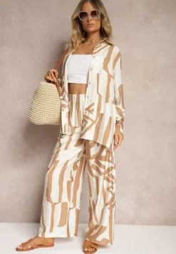 Beżowy Wiskozowy Komplet 2-Częściowy Luźna Koszula Spodnie z Gumką i Szerokimi Nogawkami Melvima