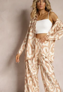 Beżowy Wiskozowy Komplet 2-Częściowy Luźna Koszula Spodnie z Gumką i Szerokimi Nogawkami Melvima