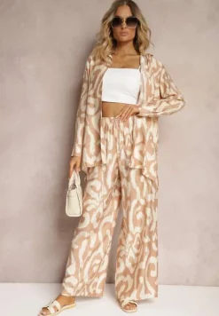 Beżowy Wiskozowy Komplet 2-Częściowy Luźna Koszula Spodnie z Gumką i Szerokimi Nogawkami Melvima